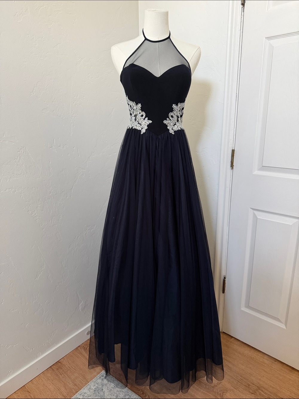 Navy Halter Prom Dress with Silver Appliqué Basque Waist